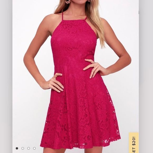 Lulus Raise A Glass Fuchsia Pink‎ Lace Skater Dress XS
